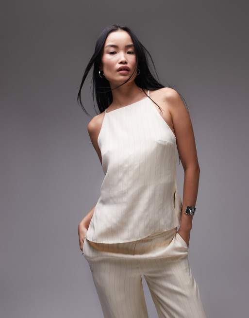 Topshop - Hvid cami-top med høj hals og nålestriber - Del af sæt