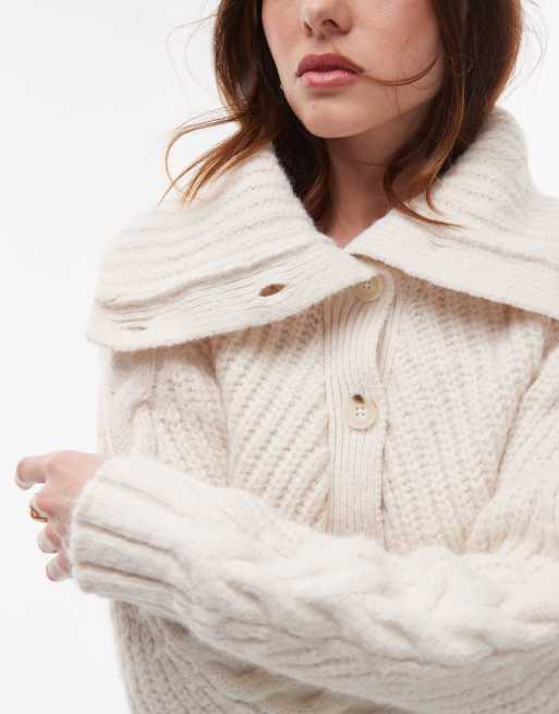 Topshop - Hvid chunky cardigan med krave i kabelstrik, 4 af 4