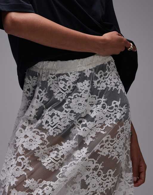Topshop - Hvid gennemsigtig maxinederdel i blondestof, 4 af 5