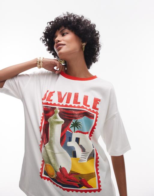 Topshop - Hvid jerseyT-shirt med kontrasterende ringerdetaljer og grafisk 'Seville'-print i jersey