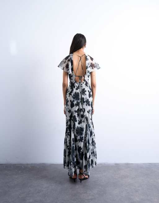 Topshop - Hvid midikjole med flagrende ærmer og kilekant i sort print, 4 af 4
