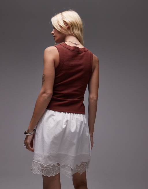 Topshop - Hvid mininederdel med bindetalje og blomstret blondekant, 3 af 5