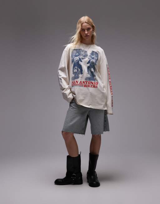 Topshop - Hvid og langærmet skater-t-shirt med vintage-motorcykelgrafik