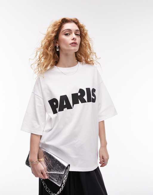 Topshop Hvid og oversized T shirt med saenkede skuldre og Paris grafik