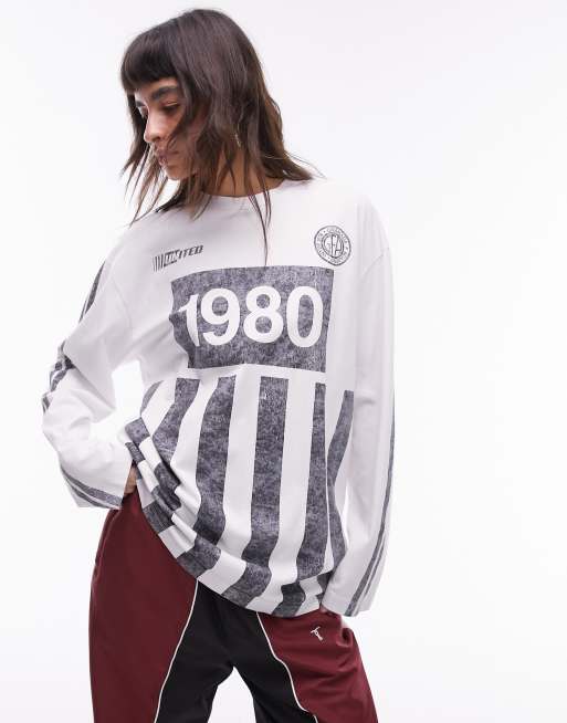 Topshop - Hvid skater-T-shirt med lange ærmer og sporty '1980'-grafik
