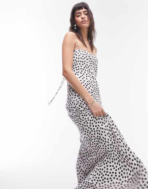 Topshop - Hvid slip-maxikjole i jacquard med sorte prikker