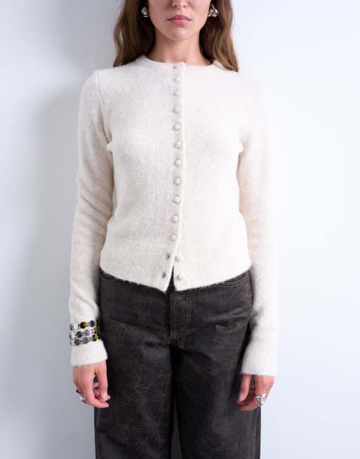 Topshop - Hvid-strikket cardigan med skjulte knapper, 2 af 4