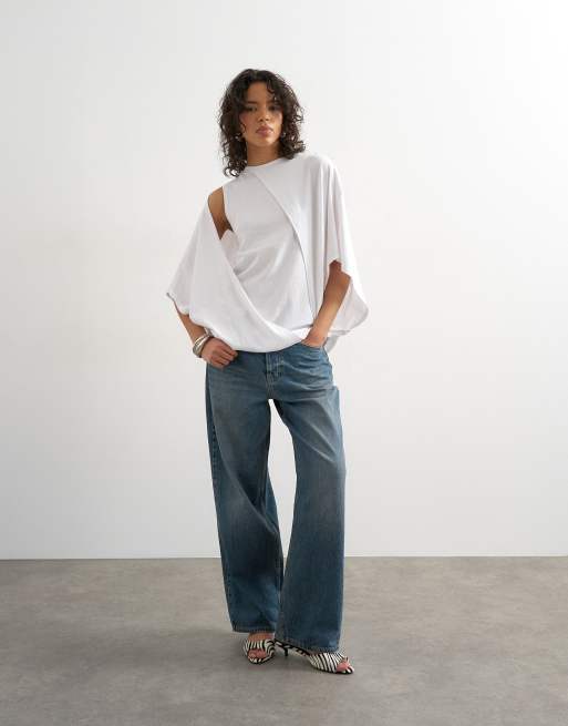 Topshop - Hvid T-shirt med draperet kappedesign, 3 af 4