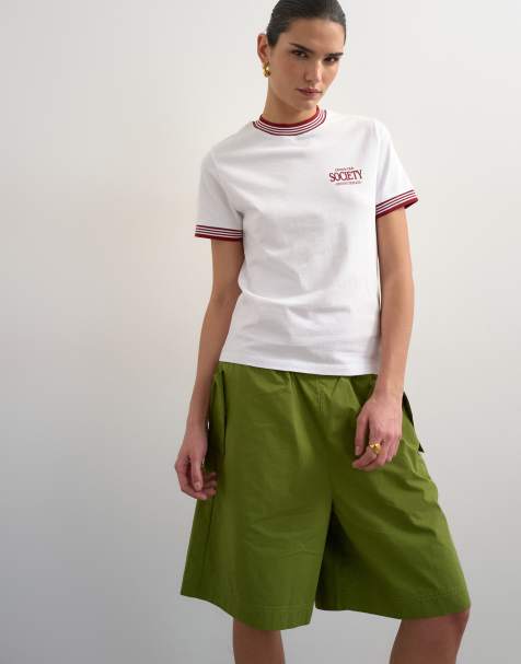 Topshop - Hvid T-shirt med 'Sport Society'-grafik og kontrastfarvede striber i kanterne - view 1