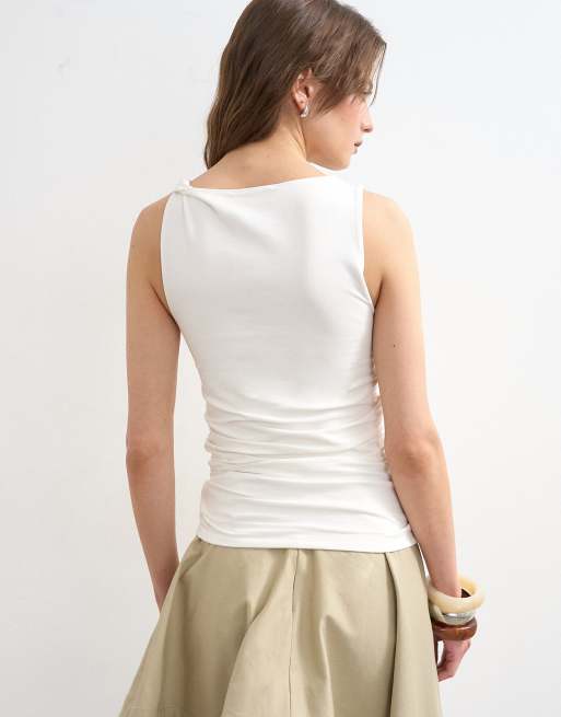 Topshop - Hvid tanktop med knudedetalje og rynkede sider, 3 af 4