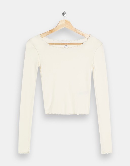 Topshop - Hvid top med lange ærmer og bølgekanter, 3 af 4