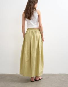 Model wearing Hybrid balloon maxi skirt in khaki