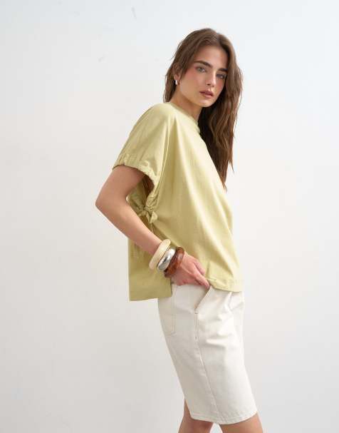 Topshop hybrid tie sleeve tee in soft khaki - view 1