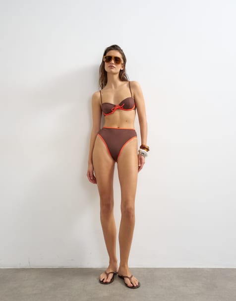 Topshop – Ibiza – Bikinihose in Schokobraun und Orange mit hohem Bund - view 1