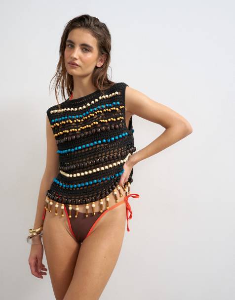 Topshop Ibiza cheeky high leg bikini bottom in chocolate and orange - view 1