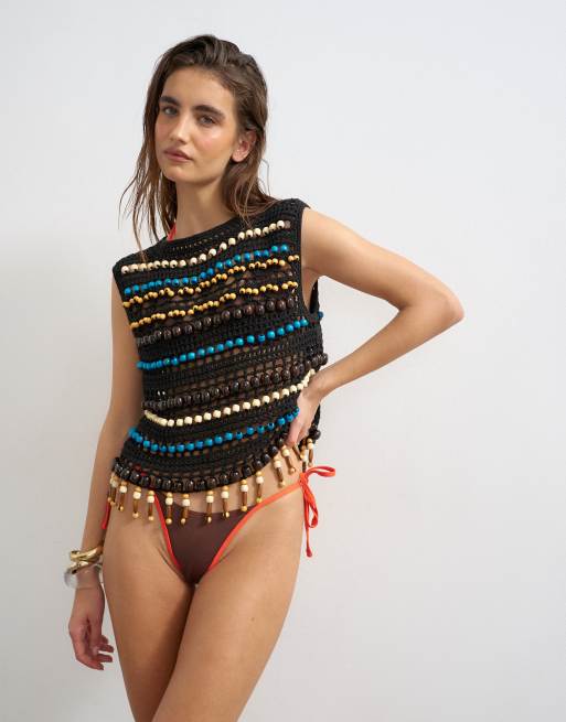 Topshop Ibiza cheeky high leg bikini bottom in chocolate and orange, 4 of 4