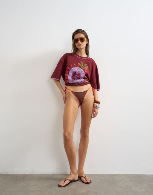 Topshop - Ibiza - Slip bikini a perizoma color cioccolato e arancione, 2 di 4