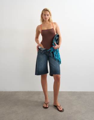 Topshop Ibiza Square Neck Cross Back Swimsuit In Brown