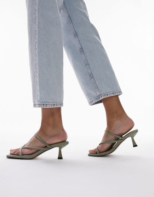 Topshop Ice strappy mid heel mule sandals in sage 