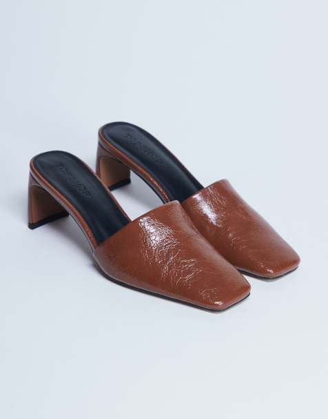 Topshop – Idea – Bruna, lackade skor med öppen häl och fyrkantig tå - view 1