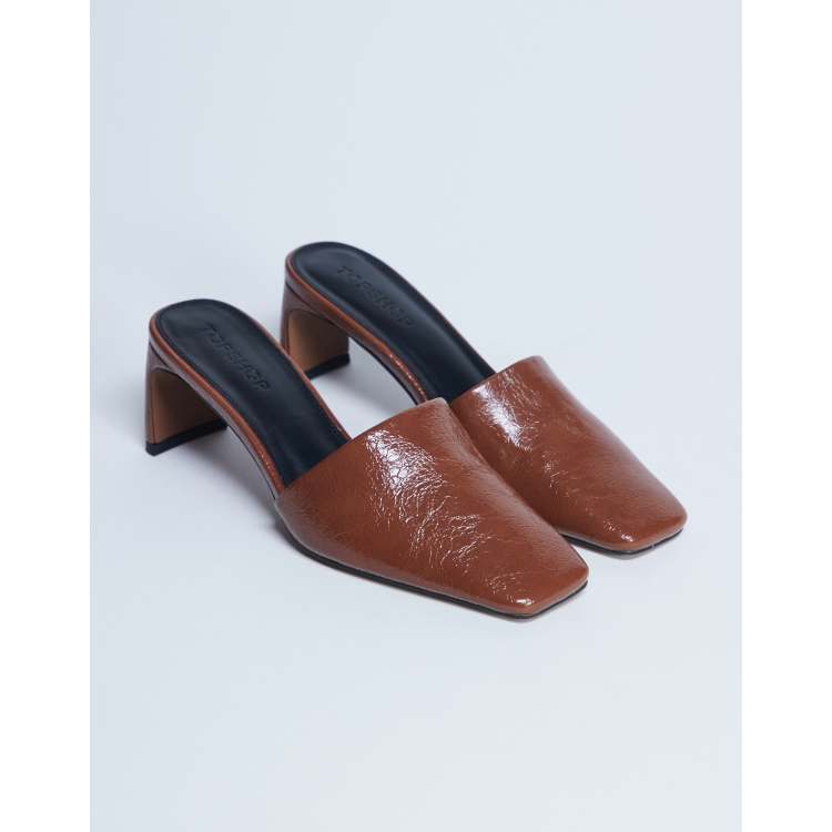 Topshop Idea patent square toe mule in chocolate | ASOS