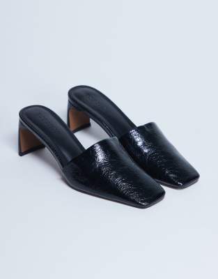 Topshop Idea Patent Square Toe Mules In Black