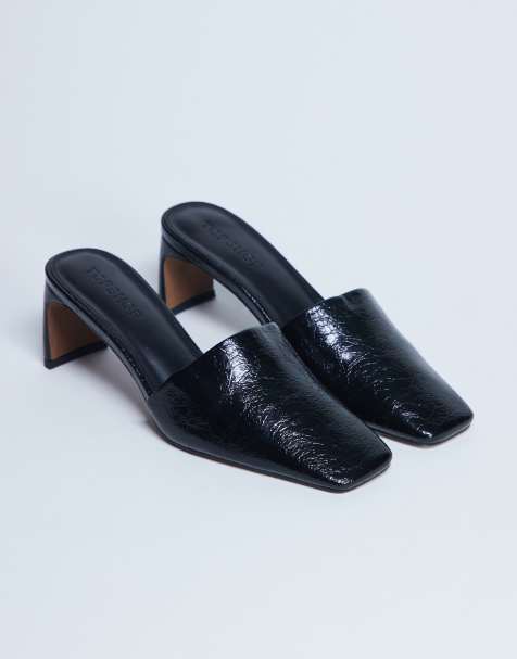 Topshop Idea patent square toe mules in black - view 1
