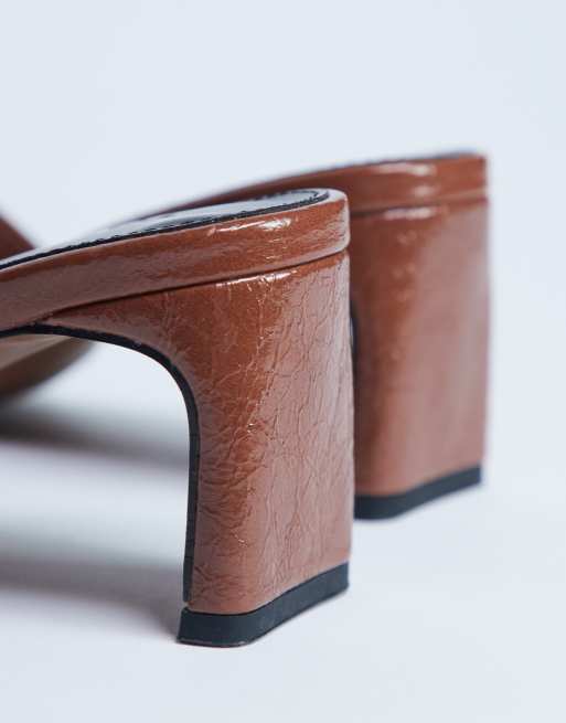 Topshop Idea patent square toe mules in chocolate