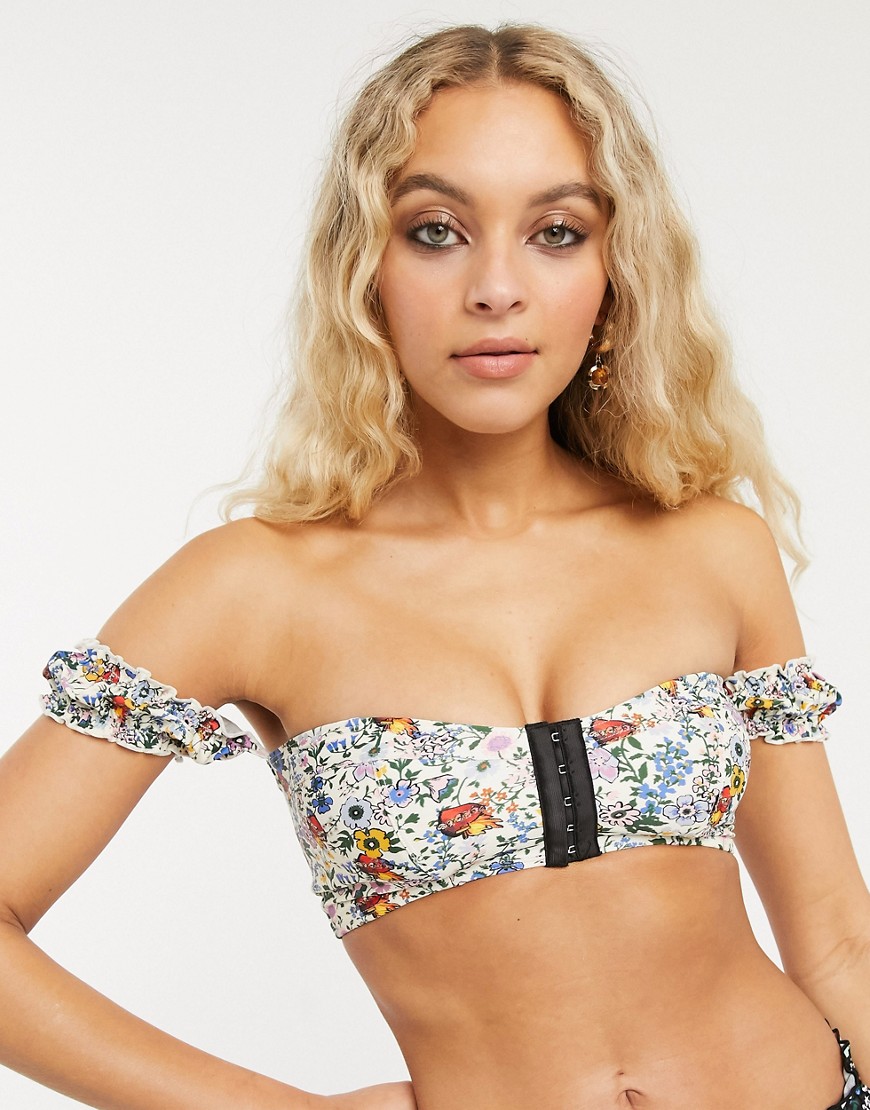 Topshop - IDOL - Bardot-bikinitop met fijne gekleurde bloemenprint-Multi