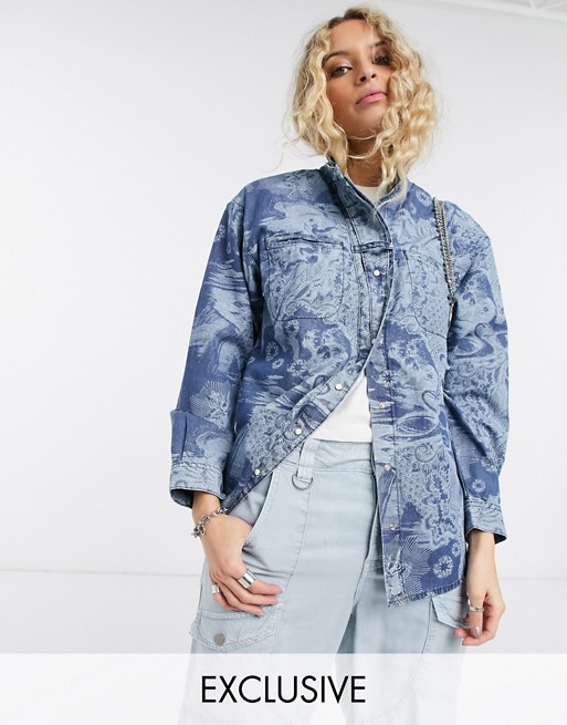 Topshop IDOL denim shirt with faux pearl buttons in mid wash