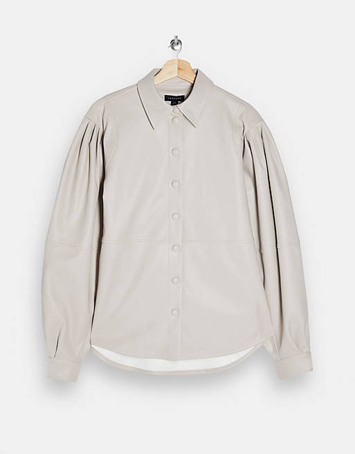 Women Topshop IDOL faux leather seam detail shirt in cream 
