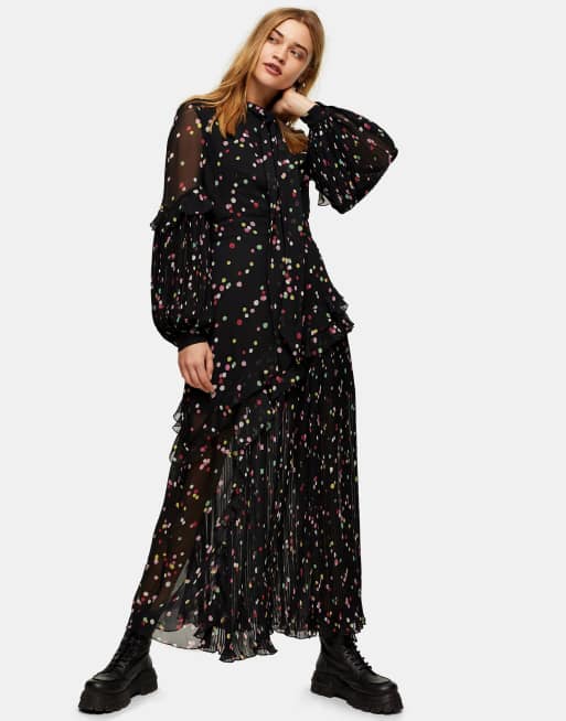 Topshop – Idol – Marinblå prickig maxiklänning med volang, 4 av 4