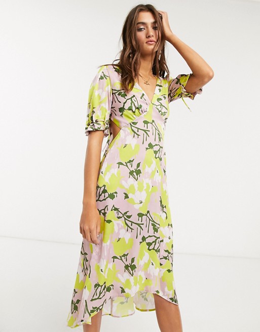 Topshop IDOL midi dress with cut out detail in yellow floral print