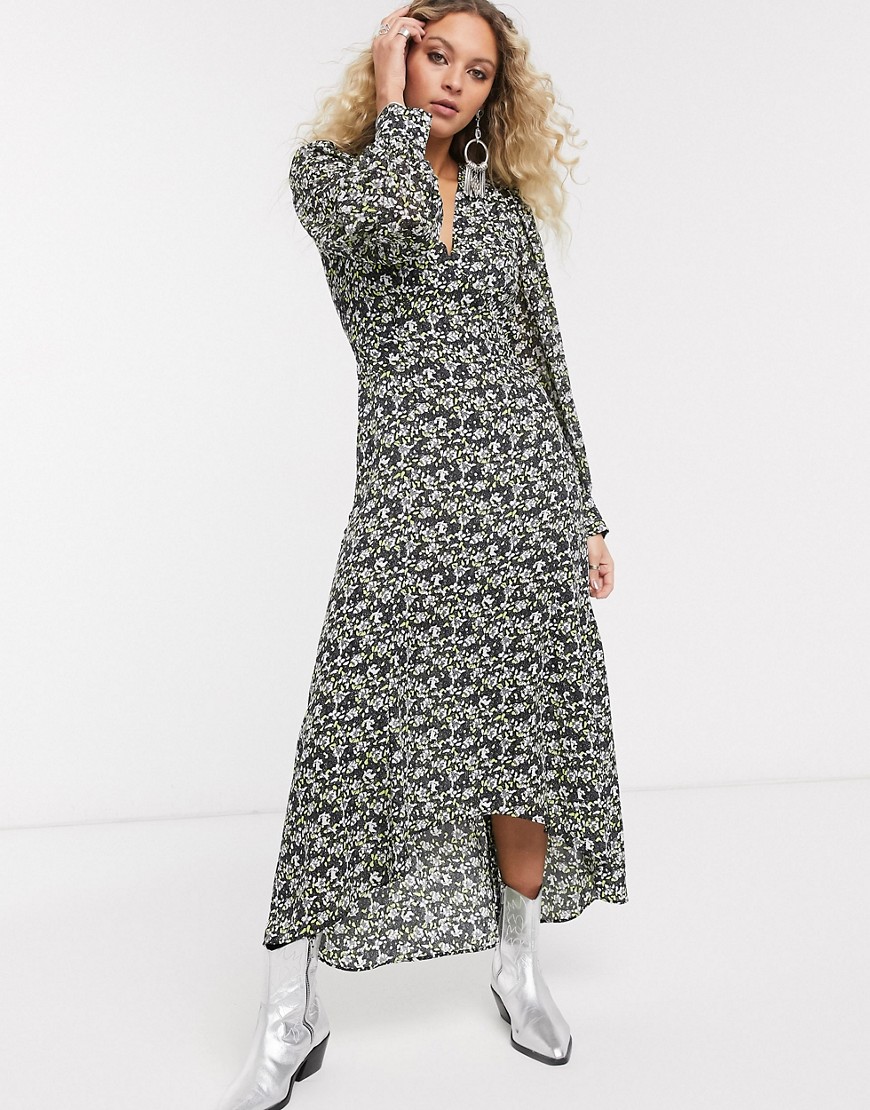 Topshop Idol V-neck Midi Dress In Green Floral-yellow