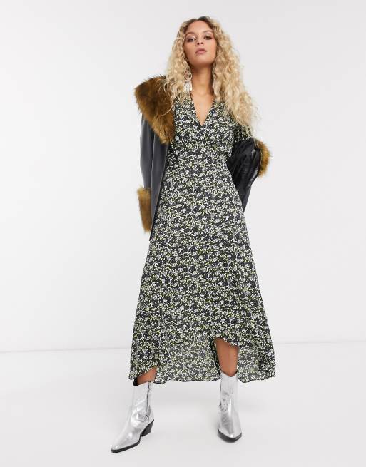 Topshop - IDOL - Vestito midi con scollo a V verde a fiori, 4 di 4