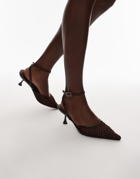 Topshop Iggy sling back mesh court mid heel in chocolate - view 1