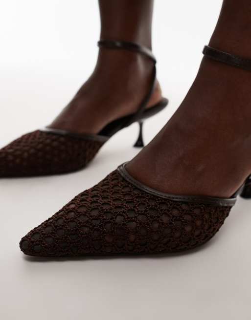 Topshop Iggy sling back mesh court mid heel in chocolate, 2 of 4