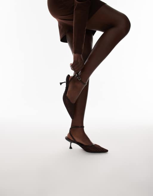 Topshop Iggy slingback mesh mid heel pumps in chocolate, 3 of 4