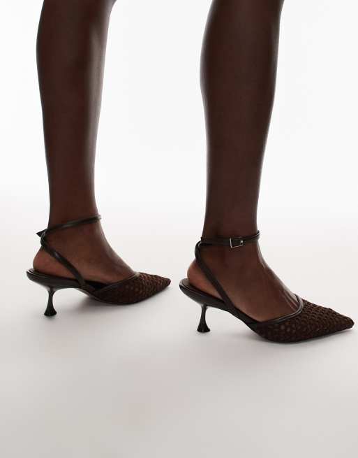 Topshop Iggy slingback mesh mid heel pumps in chocolate, 4 of 4