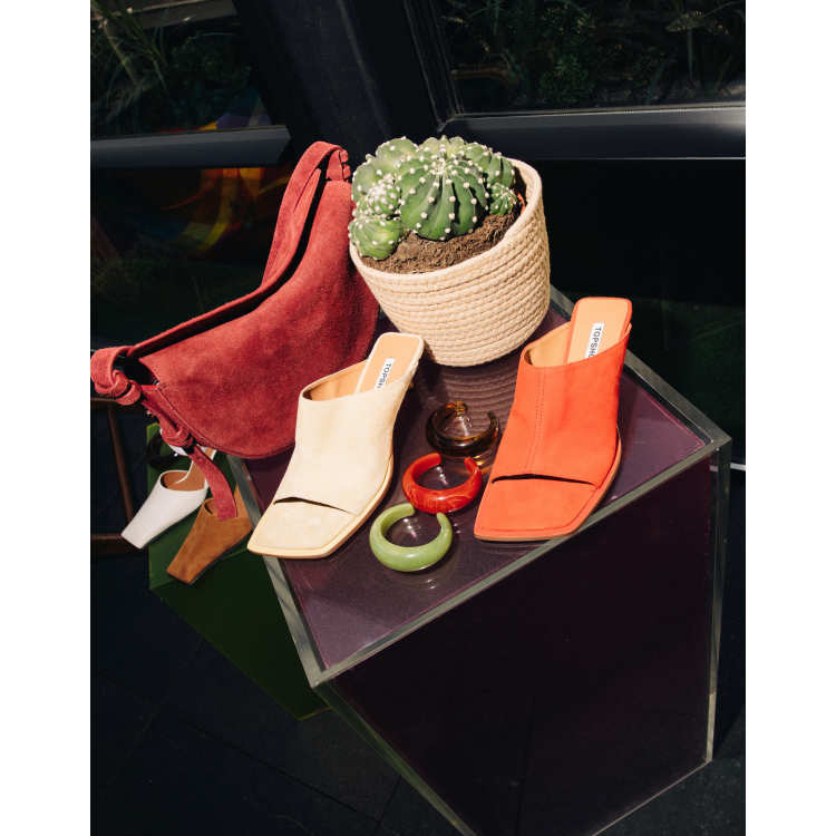 Topshop Ilya premium real suede open square toe mules in red | ASOS