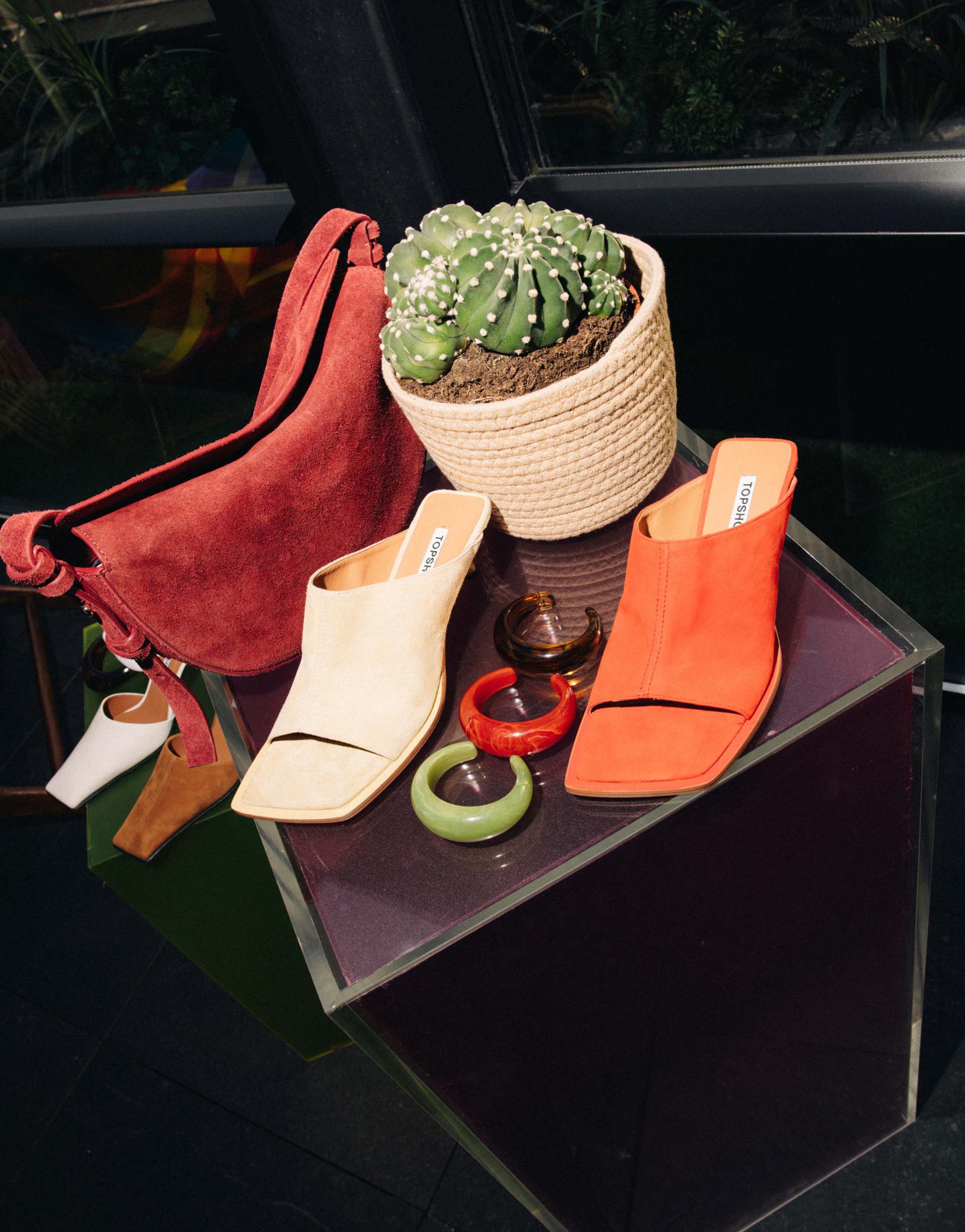 topshop ilya premium real suede open square toe mules in red