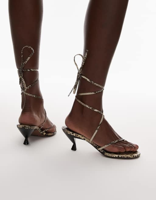 Topshop Imara strappy toe thong mid heel in snake, 3 of 4