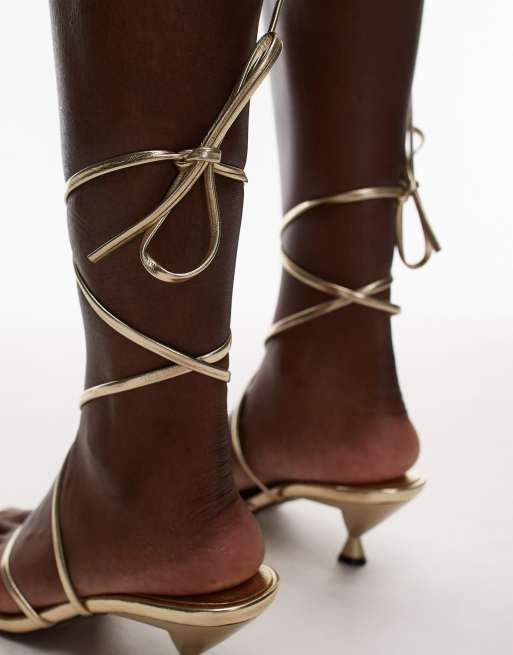 Topshop Imara strappy toe thong mid heel sandals in gold, 2 of 4