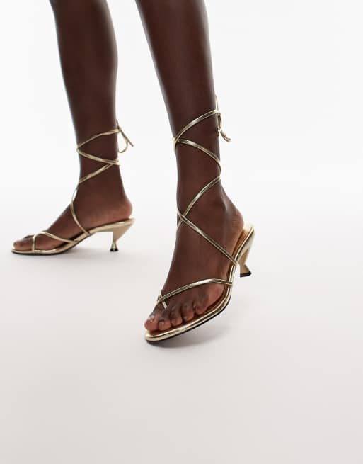 Topshop Imara strappy toe thong mid heel sandals in gold, 4 of 4