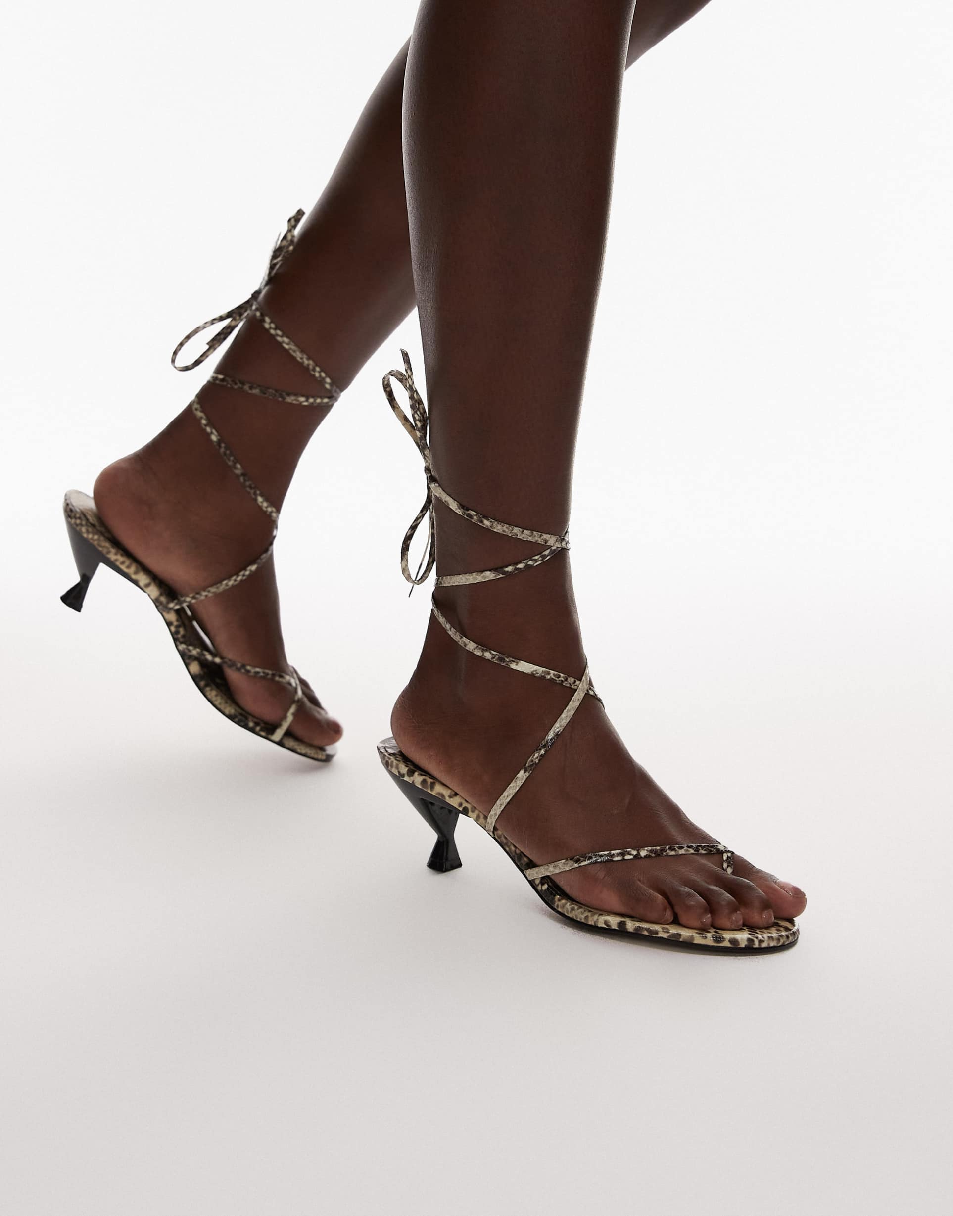 topshop imara strappy toe thong mid heel sandals in snake
