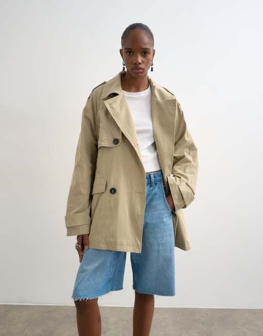 Topshop - Impermeabile corto color pietra con cintura