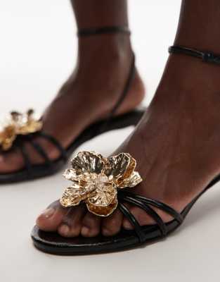 Topshop Inaya Kitten Heel Strappy Sandals With Gold Flower In Black