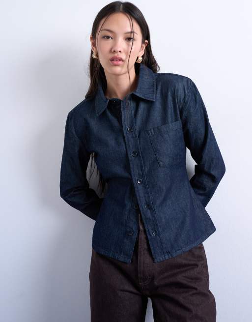 Topshop - Indigoblå denimskjorte med markante skulderpuder