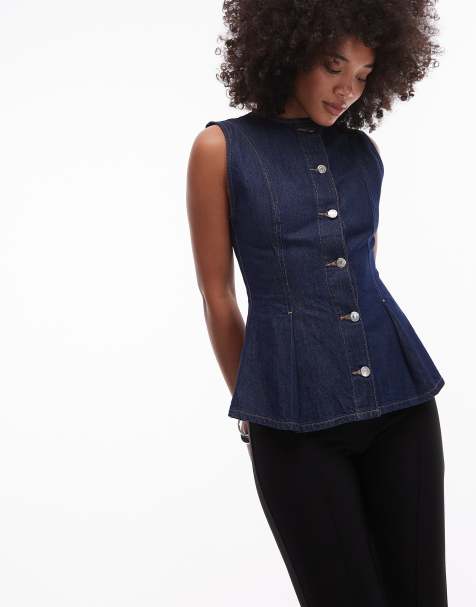 Topshop - Indigoblå denimtop med peplum-kant og plisseringer - view 1