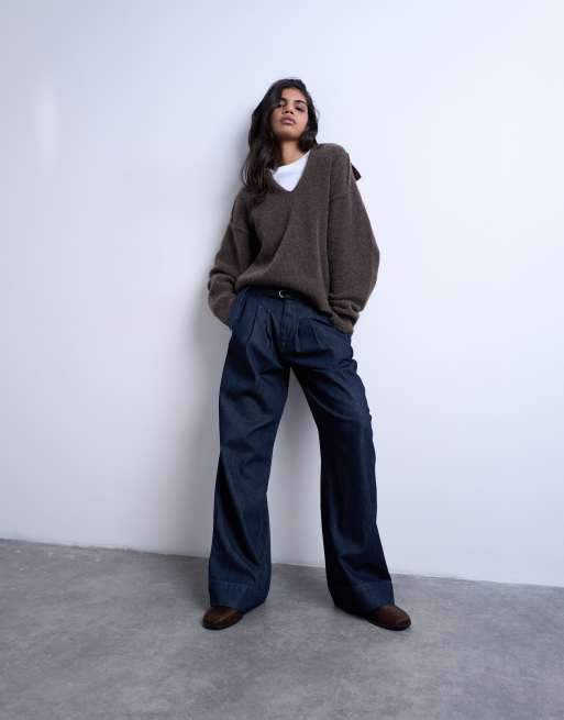 Topshop – Indigoblå, figursydda jeans med superhög midja och skärp